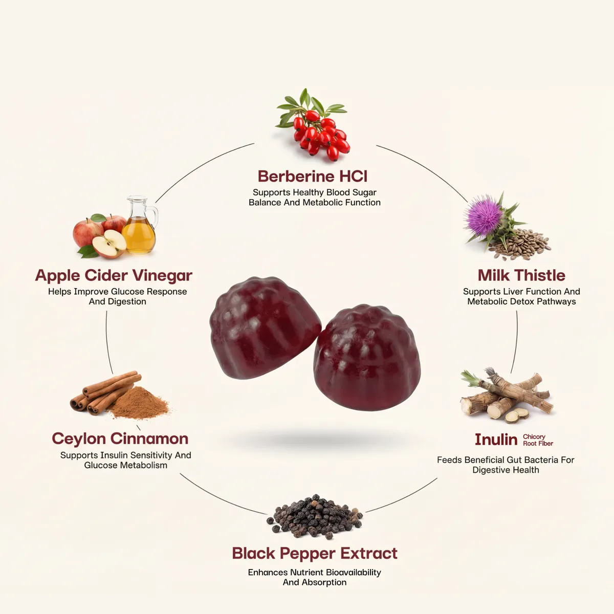 The six Rootation ingredients arranged around two berry gummies