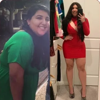 Before and after photos in a red dress