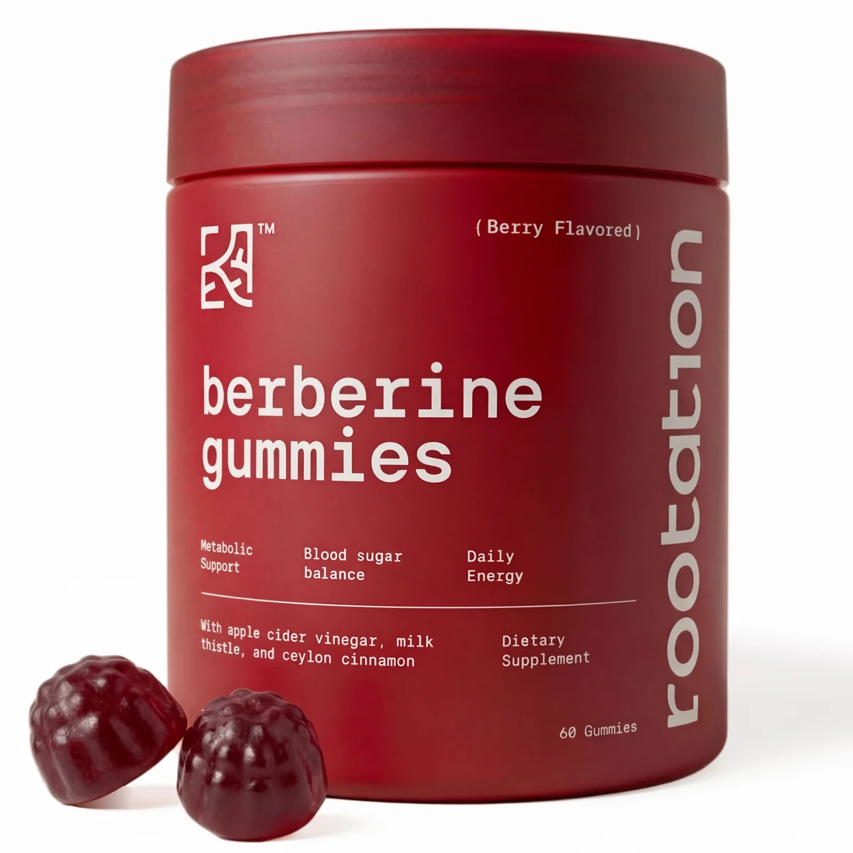 Rootation burgundy berberine gummies jar, berry flavored, with two berry-shaped gummies