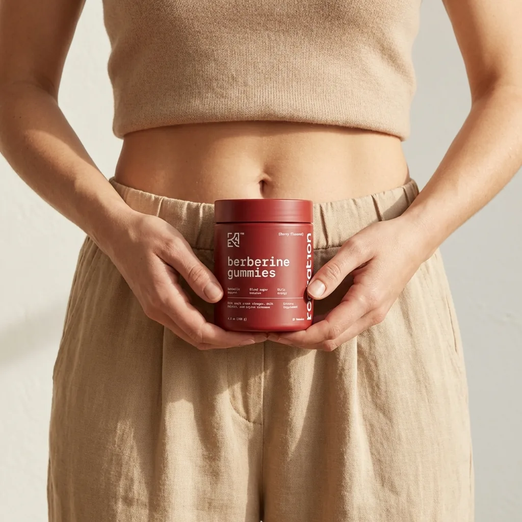 A woman holding a jar of Rootation berberine gummies